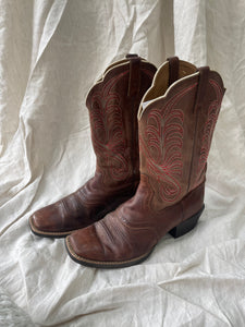 Vintage Leather Cowboy Boots w Red Embroidery - 40