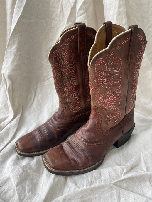 Vintage Leather Cowboy Boots w Red Embroidery - 40